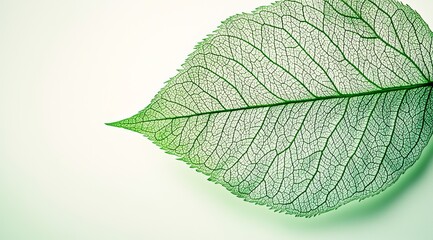 Fototapeta premium Detailed green leaf showcasing intricate veins on a light background, symbolizing nature and tranquility.