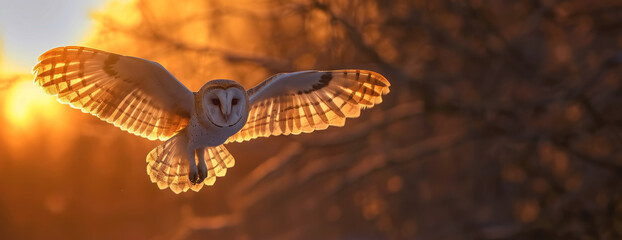 Fototapeta premium flying eagle owl on autumn background Generative AI