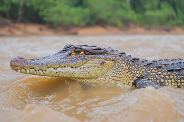 Obraz premium Close-up of a crocodile swimming in murky water, showcasing its textured skin and sharp eyes.