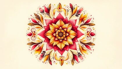 
An mandala painted in watercolor watercolor technique, centered, in red and yellow with a soft cream background, created with geneartivo A.I.