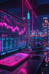 Obraz premium Trading analysis is conducted at night with glowing screens displaying market trends and city lights visible outside the window, creating an intense atmosphere