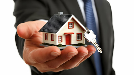 Hand offering a house model with key; real estate concept.