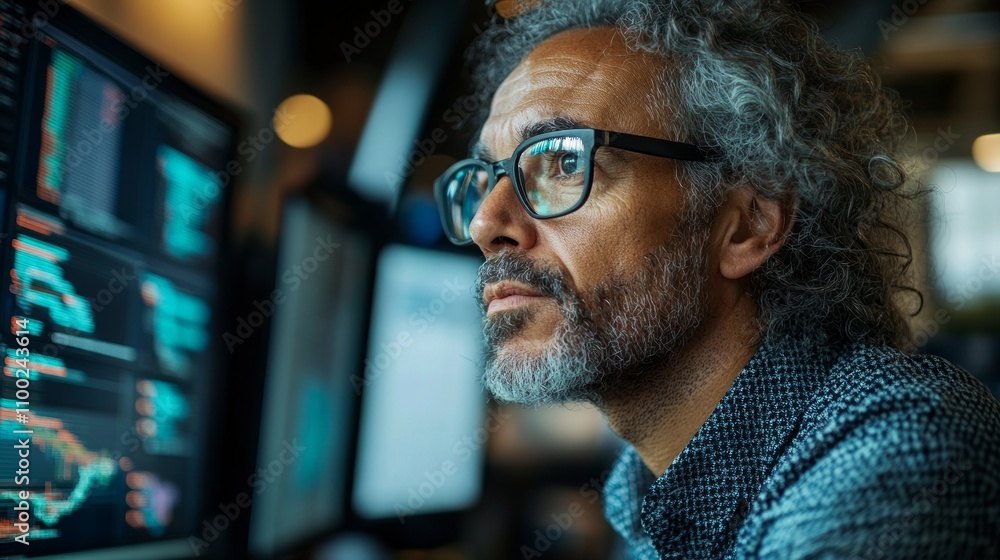 Poster focused trader assesses complex market patterns displayed on screens in a contemporary trading offic