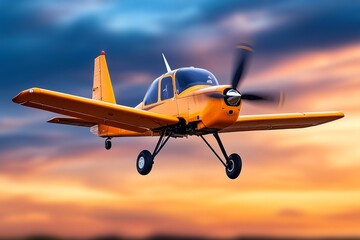 Fototapeta premium A crop duster airplane spraying fields, captured mid-flight with the farmland stretching to the horizon