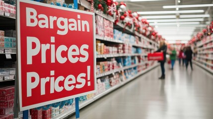 Eye-Catching Bargain Sign in Busy Store Aisle During Holiday Season Promoting Affordable Prices Amidst Colorful Shelves of Products and Decorations