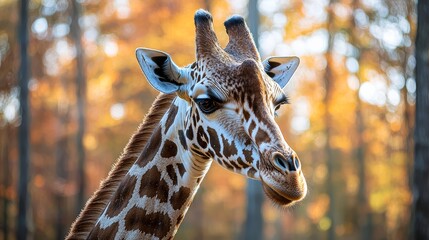 Obraz premium A close-up of a giraffe's head with distinctive patterns, set against a backdrop of autumn trees, showcasing its long neck and expressive features.
