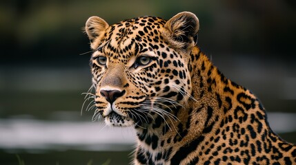 Obraz premium A close-up of a leopard showcasing its striking spots and intense gaze, set against a blurred natural background.