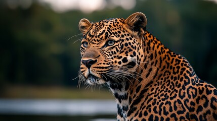 Obraz premium A majestic leopard gazes intently, showcasing its striking coat of rosettes against a blurred natural background, embodying wild beauty and grace.