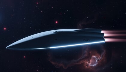 Obraz premium Streaks of Light: A Futuristic Voyage Through the Starry Abyss - A Sleek Spacecraft Propelling Forward in Cosmic Elegance.