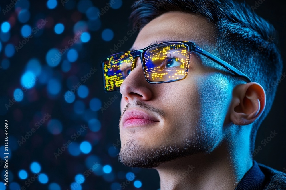 Aufkleber A digital marketer analyzing data on a large screen, their face illuminated by glowing charts and graphs