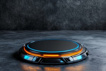 A digital illustration of a futuristic award ribbon with chrome details and glowing accents, presented on a sleek platform