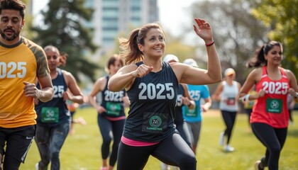 Fototapeta premium Stride & Spirit: A vibrant outdoor running event where energetic participants race through a lush park, united by determination and the thrill of competition against a scenic urban backdrop.
