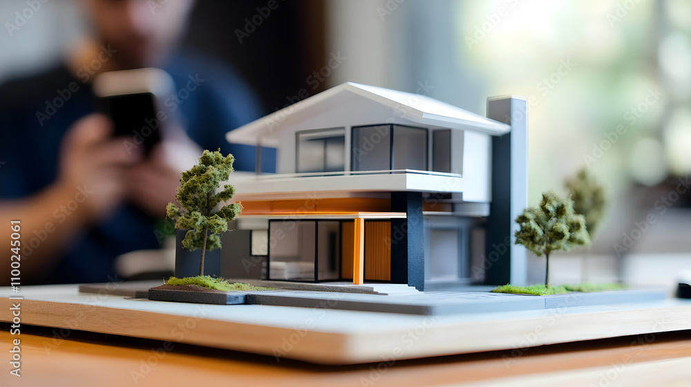 Poster architectural model of a modern house with trees on a wooden base. a blurred person is using a cellp