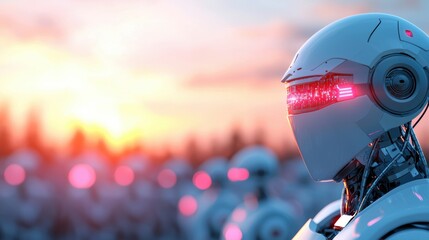 Fototapeta premium A futuristic cityscape with humanoid robots walking among humans, showcasing a seamless integration of AI into society.