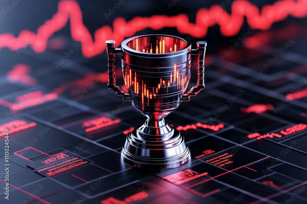 Poster a dynamic digital illustration of a futuristic trophy surrounded by animated stock market graphs in 