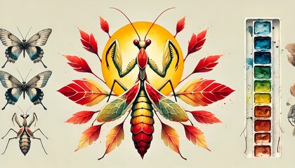 A praying mantis painted in WATERCOLOR watercolor technique, centered, in red and yellow with a soft cream background, created with geneartivo A.I