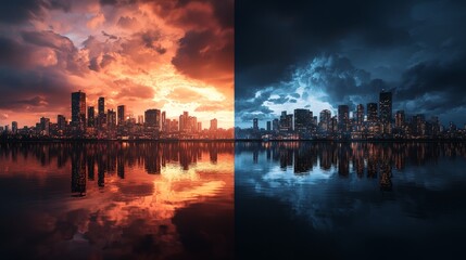 Fototapeta premium Dramatic sunset and stormy night over city skyline urban landscape photography reflective waters dual perspectives for impact