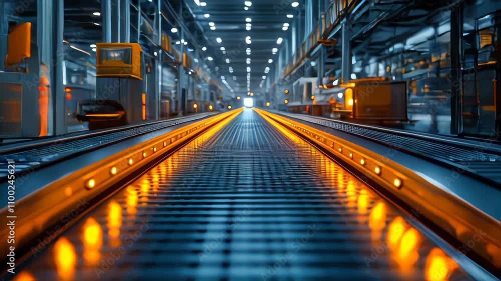 Poster a modern factory production line with bright orange conveyor lights and advanced robotics operating 