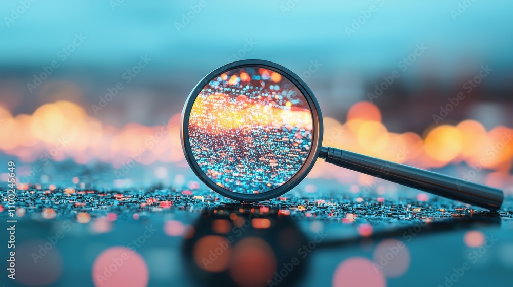 Poster a conceptual image of a magnifying glass focusing on a small portion of a massive data set, highligh