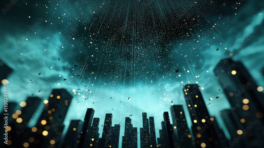 Poster a cityscape at night with glowing data streams flowing between buildings, symbolizing data driven ur