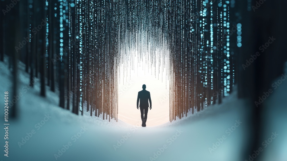 Poster a human silhouette formed by binary code, representing the connection between humans and the digital