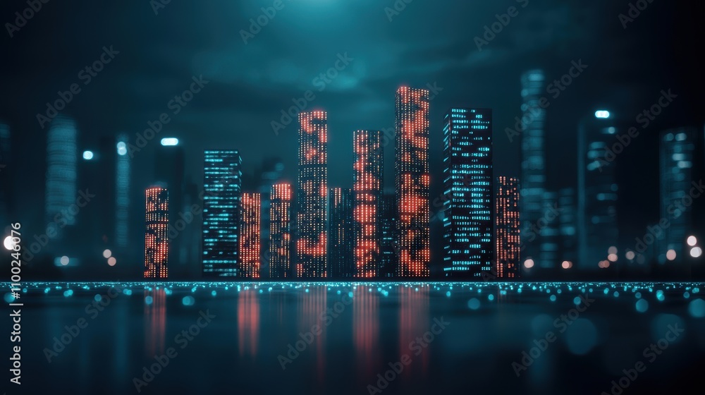 Poster a futuristic cityscape with buildings outlined in binary code, illustrating the pervasive nature of 