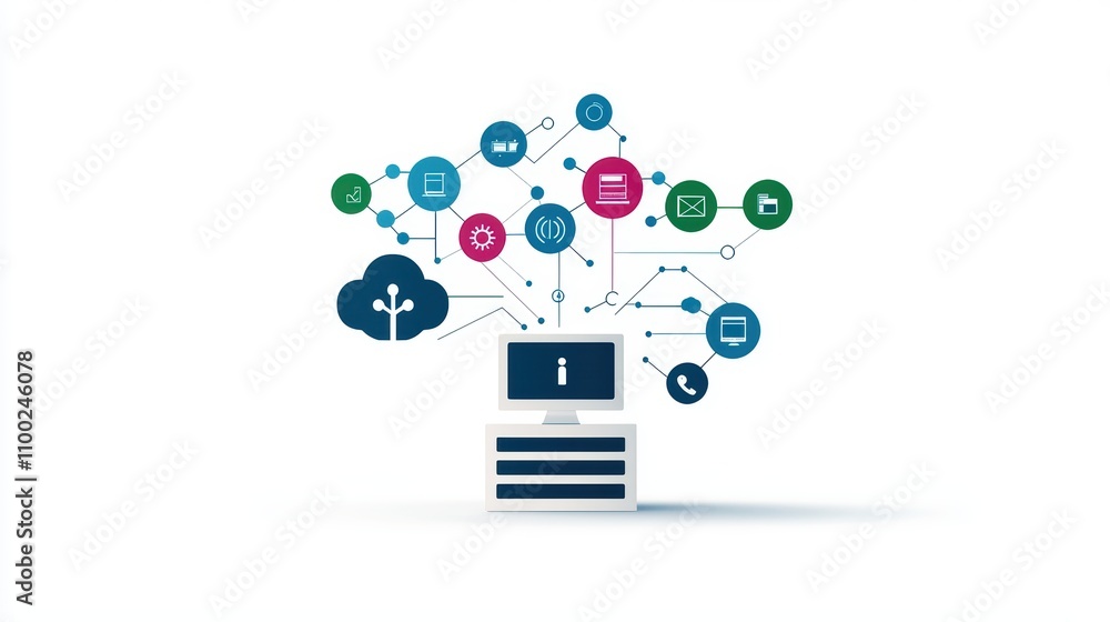 Poster a network diagram with interconnected devices and data packets flowing between them, illustrating th
