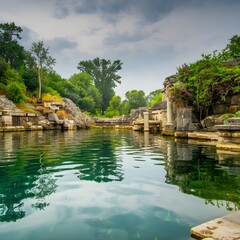 Naklejka premium A photo of the Bethesda Pool with ancient stone ruins and vibrant greenery. The water is calm and clear, reflecting the sky and the surrounding environment. The ruins are partially submerged in the wa