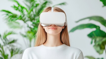 Fototapeta premium A young woman wearing a VR headset immersed in a virtual reality experience, interacting with digital objects and environments.