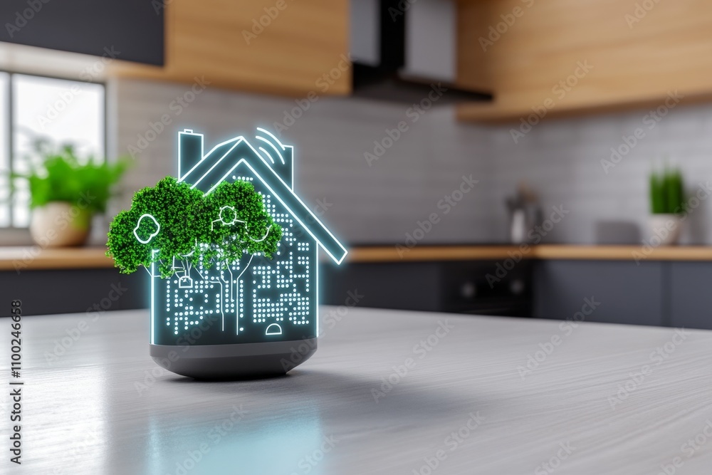 Poster A futuristic 3D illustration of a smart home automation interface, with holographic controls floating above a sleek desk