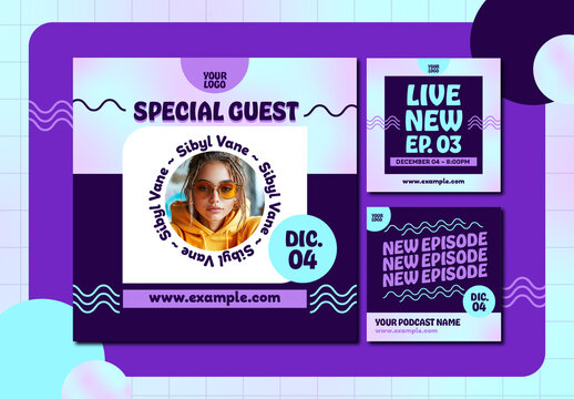 Purple and Blue Podcast Social Media Post Set Template