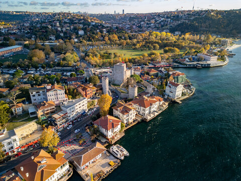 Aerial view of the beautiful Anadolu Hisari and historic Anatolian Fortress along the scenic Bosphorus with Goksu Creek, Istanbul, Turkey.