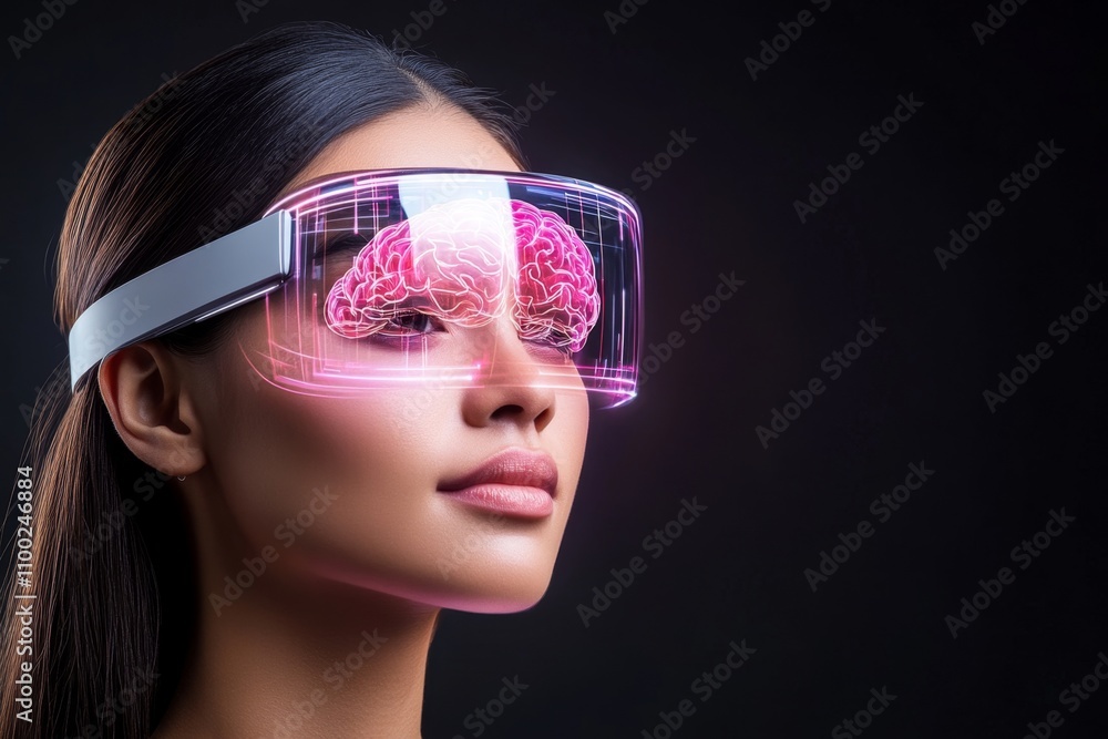 Poster A futuristic attention-tracking device glowing on a user forehead, with a holographic display showing brain activity