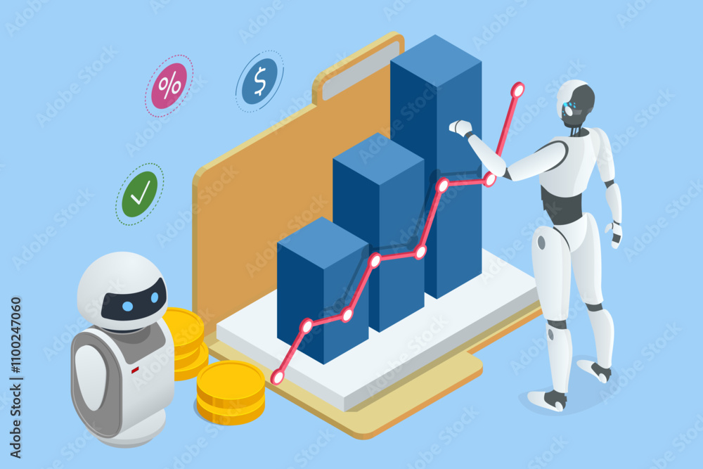 Leinwandbilder isometric an ai-powered robot efficiently processes data for business analytics. it analyzes trends,