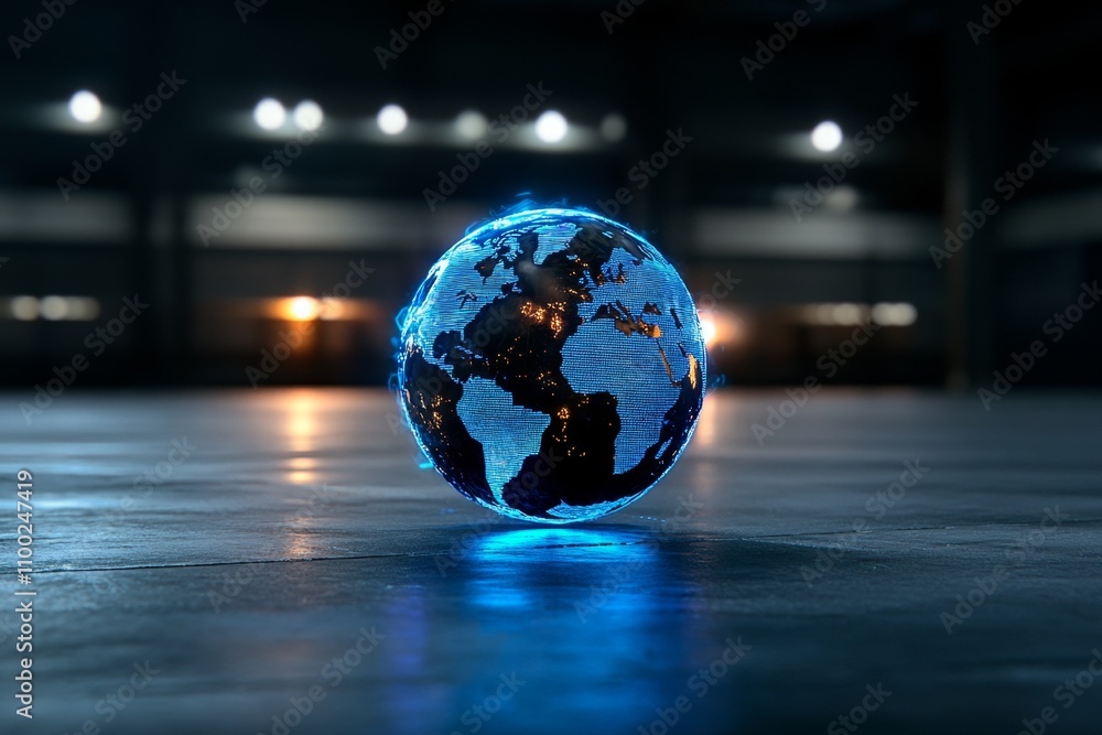 Poster A futuristic globe with holographic projections showing its axis and real-time data streaming in a dark high-tech room