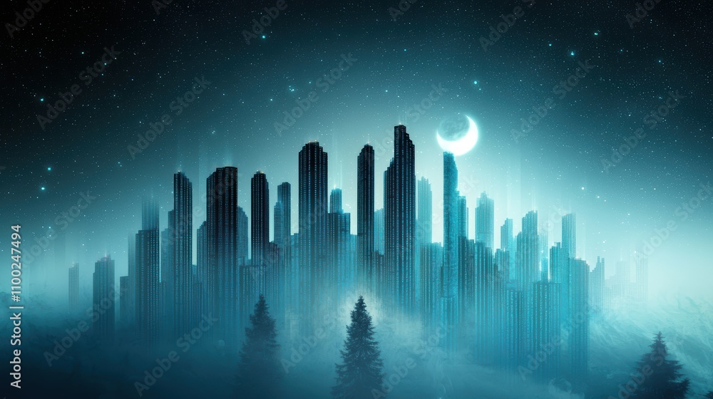 Poster a futuristic cityscape with data streams flowing through buildings and streets, representing the int