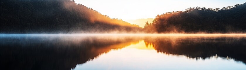 Fototapeta premium Sunrise reflections over tranquil lake nature landscape early morning serene environment peaceful viewpoint