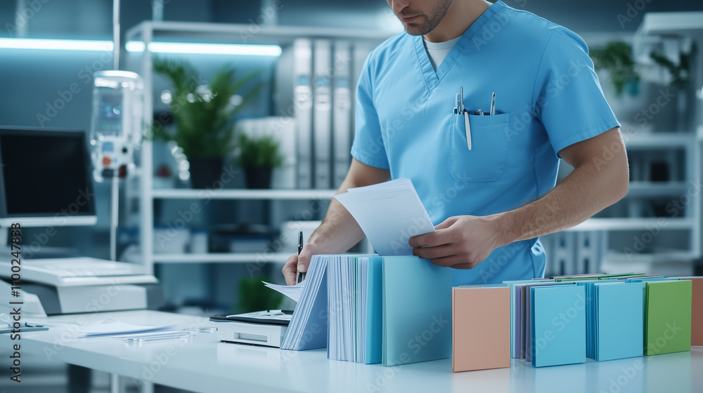 Aufkleber a healthcare worker in scrubs organizing patient files into neatly arranged color-coded folders on a