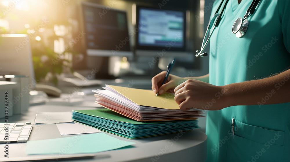 Poster a healthcare worker in scrubs organizing patient files into neatly arranged color-coded folders on a
