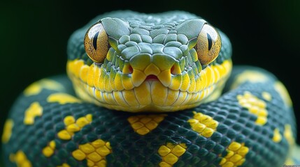 Fototapeta premium Close-up portrait of vibrant green and yellow snake staring with intense gaze in nature