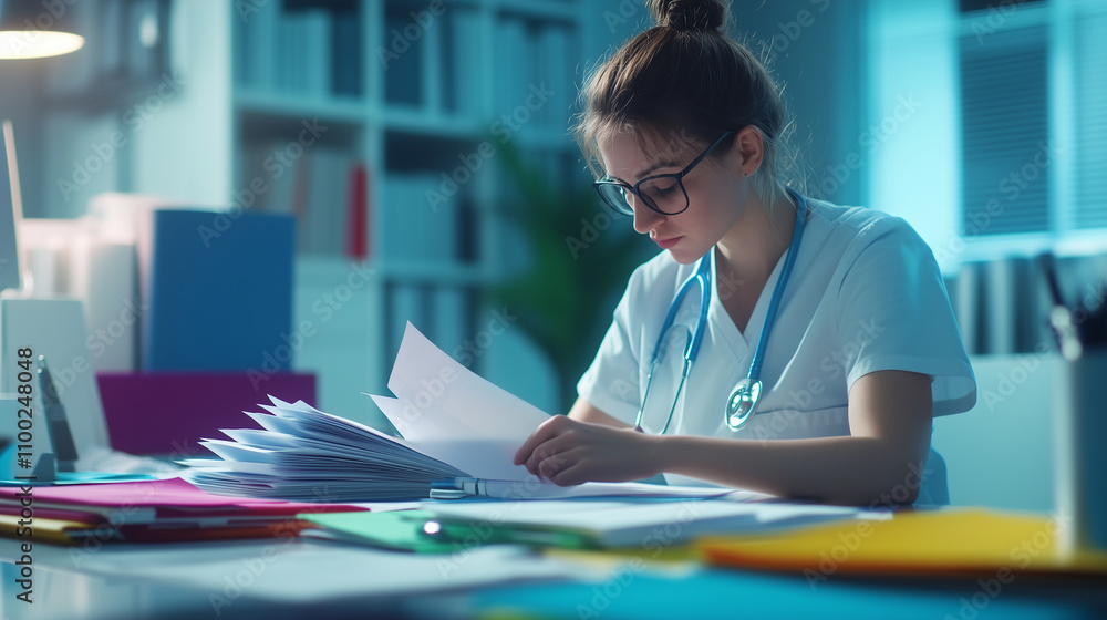 Poster a healthcare worker filing patient documents into an array of brightly colored folders, a calm and p