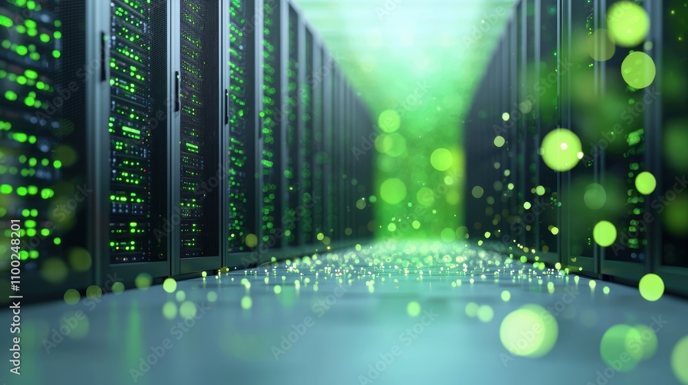Poster A server room with rows of servers and blinking lights, representing the vast amount of data processed in big data analytics.