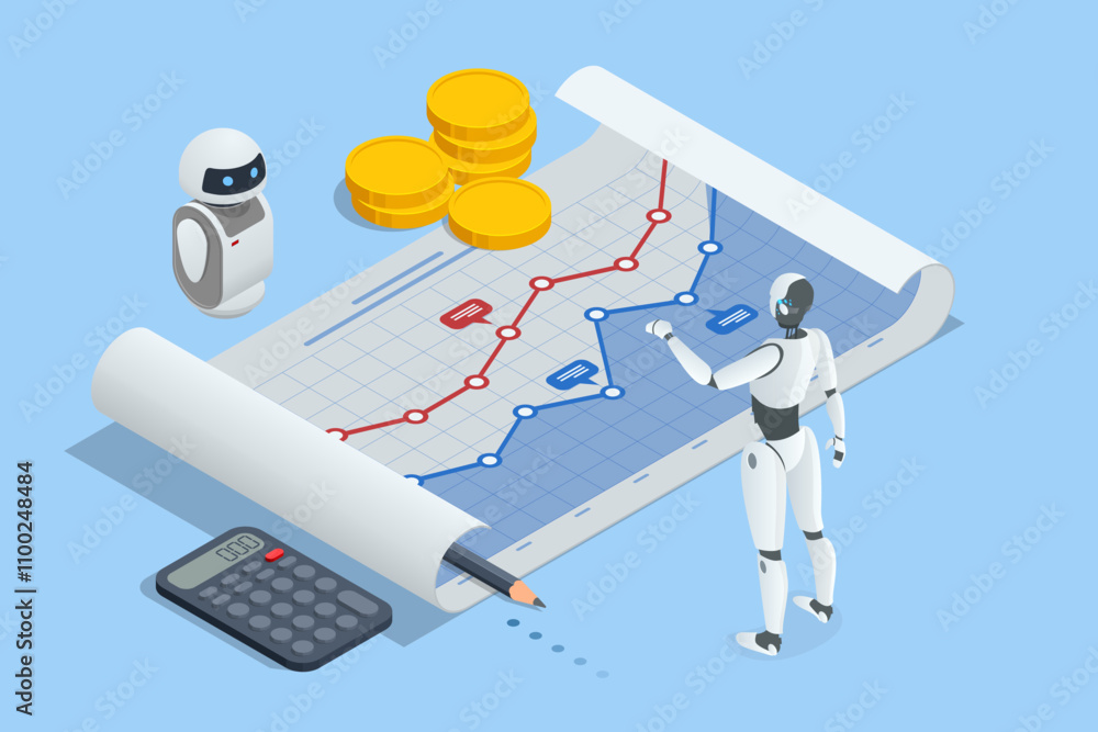 Leinwandbilder isometric an ai-powered robot efficiently processes data for business analytics. it analyzes trends,