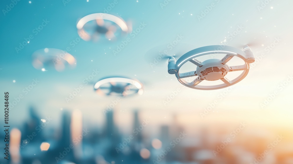 Poster a futuristic cityscape with autonomous vehicles and drones, representing the transformative potentia
