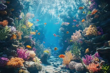 Obraz premium A lively underwater ecosystem filled with various fish types, perfect for marine imagery or ocean-inspired projects