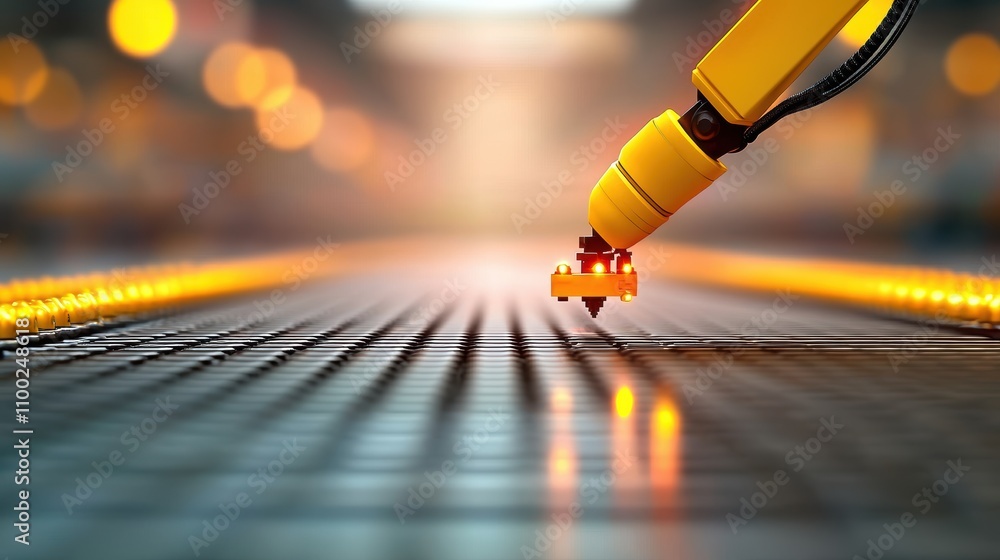 Poster a robotic arm working on an assembly line in a modern factory, representing the automation and effic