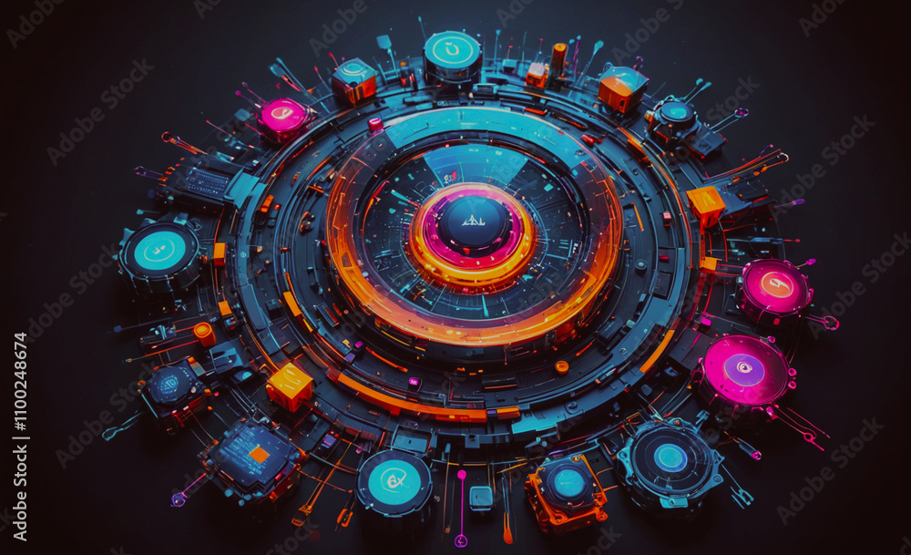 Poster colorful circle with many small squares inside of it. the squares are different colors and sizes. th