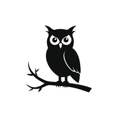 Mystic  Owl Sitting on a Branch. Silhouette Vector Illustration on White Background