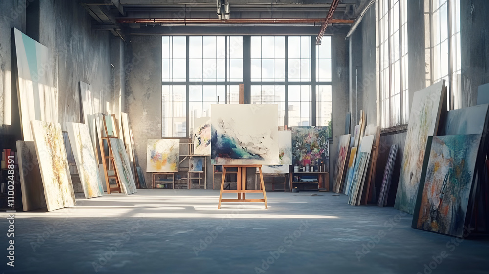 Poster a large, empty art studio with an easel displaying an abstract painting and multiple paintings leani