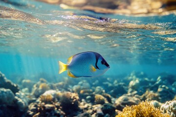 Obraz premium Underwater scene featuring a blue tang fish gliding through its native environment